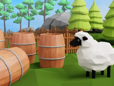 Props for Unity Trees sheep barrel fence rocks Low-poly 3D model