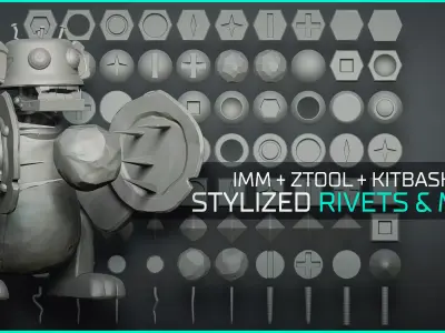 Stylized Rivet Screws Bolts Nuts - Over 80 Insert mesh Zbrush 3D model