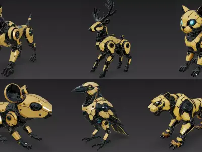Yellow Robotic Animals Pack PBR 3D Models Low-poly 3D model