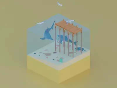 Low poly aquatic scenes set Low-poly 3D model