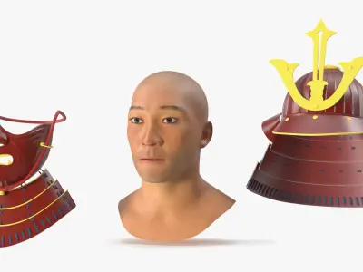 Armored Samurai Head with Kabuto and Menpo Red 3D model