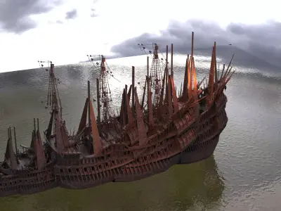 Emperors Asian Red Fin sailed Ship base ruin 3D model