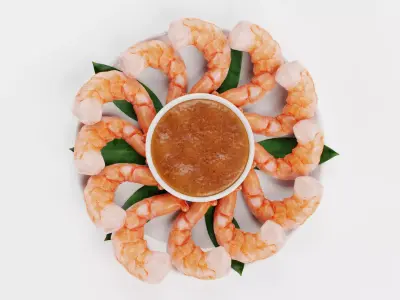 Shrimps on Plate with Sauce - Realistic Seafood Arrangement 3D model