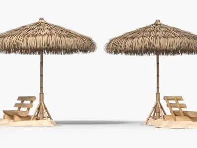 Wooden Bench under Straw Umbrella on Sand 3D model