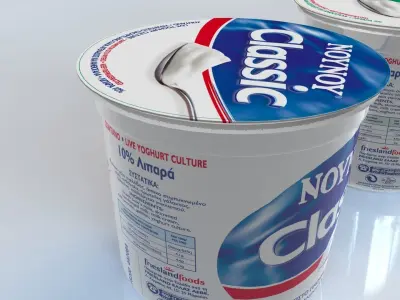 Yogurts pack and spoon 3D model 3D model