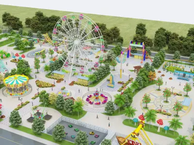 Cartoon colorful childrens theme park many amusement equipment Low-poly 3D model