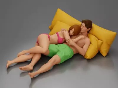 Couple cuddling affectionately on pillows wearing underwear 3D print model