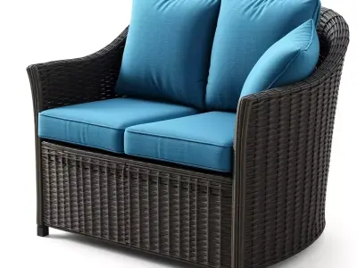 Outdoor Rattan Loveseat Blue Cushions Low-poly 3D model