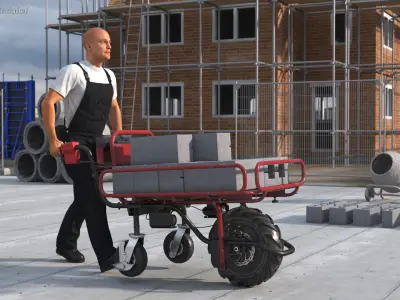 Worker with Filled Wheelbarrow Concrete Bricks 3D model purchase
