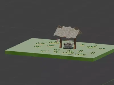 low poly well with garden 3D model
