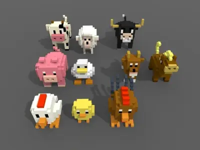 Pack 10 Voxel Farm Animals  Low-poly 3D model