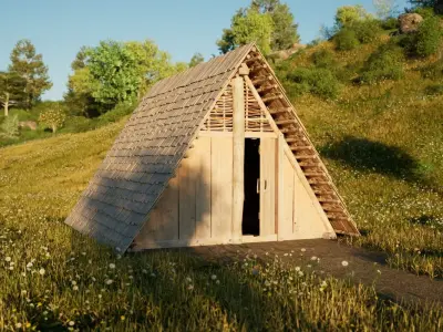 Enterable medieval pit house Low-poly 3D model