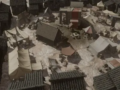 Highly detailed busy medieval town square with market stalls Low-poly 3D model