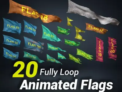 20 Fully Loop Animated Flags Low-poly 3D model