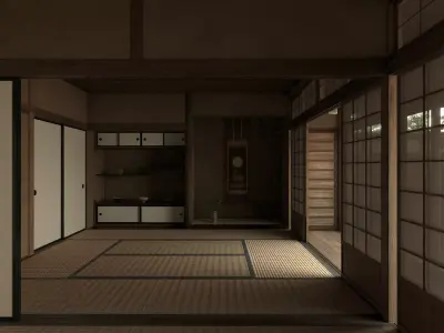 Japanese Old Traditional House Living Room with Courtyard 3D model