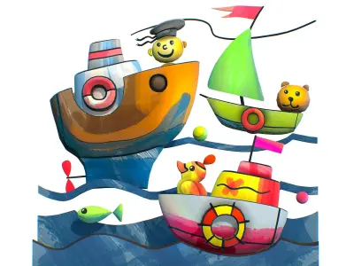 Cartoon 3D illustration Fish Ship Steamship Low-poly 3D model