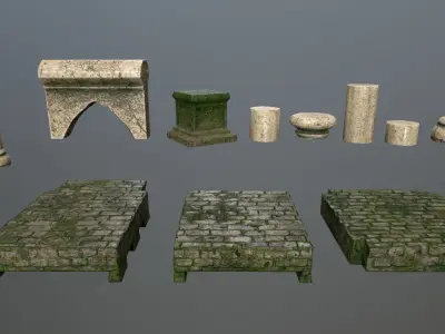 Altar Set stone wall with grass Low-poly 3D model