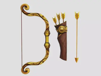 Golden Bow Gold Arrow Brown Leather Quiver Lowpoly Weapons Low-poly 3D model