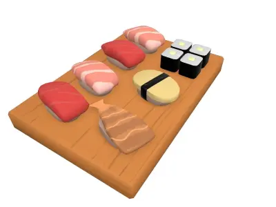 Sushi on wooden cutting board Low-poly 3D model