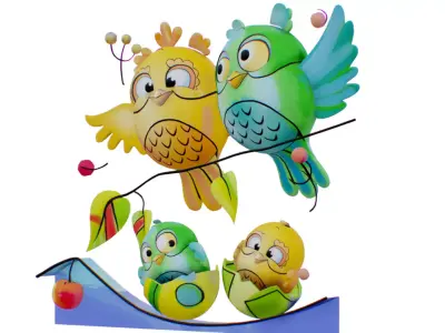 Owl Family Scenery - Owls Famillar Bird Animal - Chick Baby Low-poly 3D model
