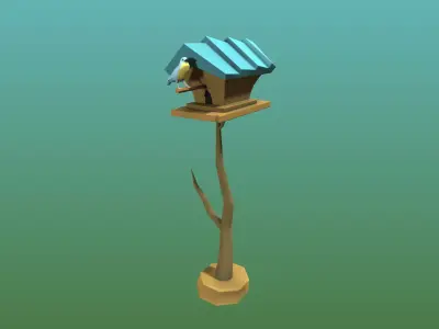 Stylized Birdshouse with Animated Bird Low-poly 3D model