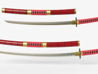 Red Double Bladed Katana Wakizashi and Stand 3D model
