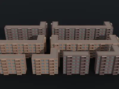 Cartoon city apartments kit Polygonal Style Low-poly 3D model