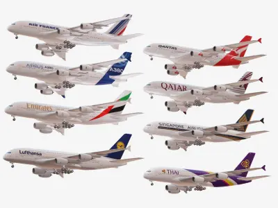 Bundle Airbus A380 pack 8 Airplanes Low-poly 3D model