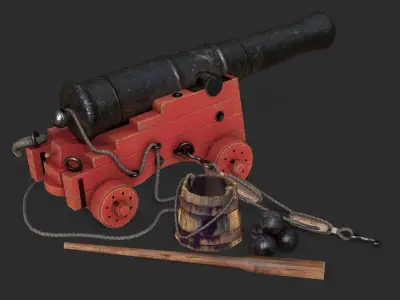 Old Naval Cannon - Painted Wood Low-poly 3D model