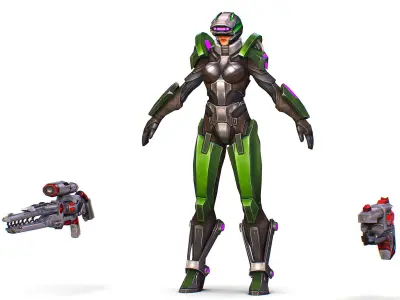 Cartoon Sci-Fi Cyborg Drone Sniper Soldier Low-poly 3D model