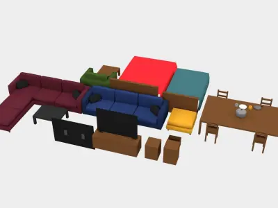 3d low poly furniture living room with couches and chairs Free low-poly 3D model