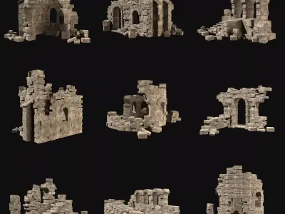 MEDIEVAL ANCIENT CASTLE RUIN RUINS WALLS TOWER WALL COLLECTION Low-poly 3D model