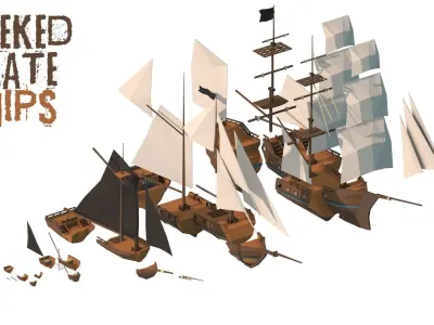 Low Poly Pirate Ships with Wrecked Versions Low-poly 3D model