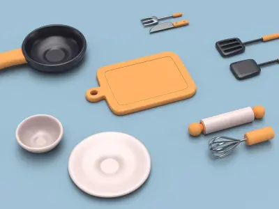 Cartoon Cooking Utensil Set with Board and Pan 3D model