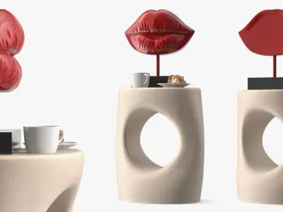 Side Table with Lip Sculpture and Coffee Cup Pastry 3D model