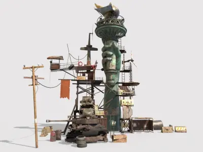 Post-Apocalyptic Base With Statue Of Libertys Hand 3D model