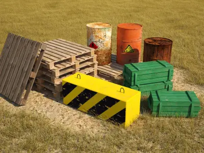 Low poly models for games barrels pallets military crates block Low-poly 3D model
