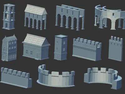100 Low poly medieval fantasy castle fortress kitbash IMM brush 3D model