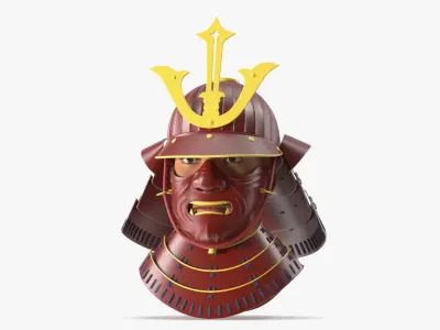 Armored Samurai Head with Kabuto and Menpo Red 3D model