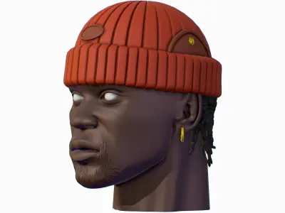 High Poly Male African American Head Warm Hat Low-poly 3D model