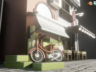 Stylized Japanese Street corner Store and Shops Low-poly 3D model