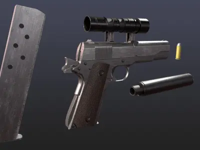 WW2 Colt M1911 Pistol With Attachments and Animations Low-poly 3D model