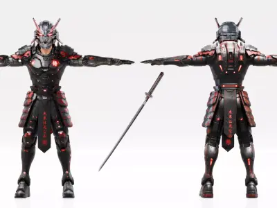 Cyberpunk Robot Samurai - Rigged Low-poly 3D model