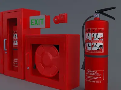 Fire Equipment Set Fire Extinguisher Cabinet Alarm PBR Material Low-poly 3D model