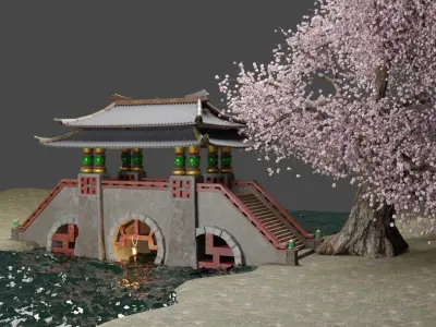 Realstic low poly Japanese bridge game asset Low-poly 3D model