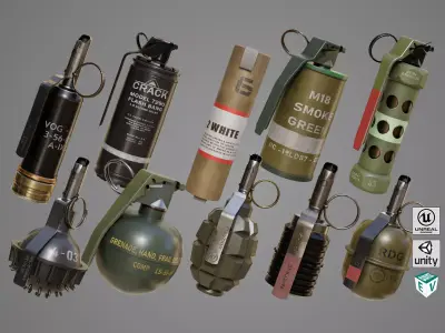 10 Grenades Single Mat All PBR Unity UE Textures Low-poly 3D model