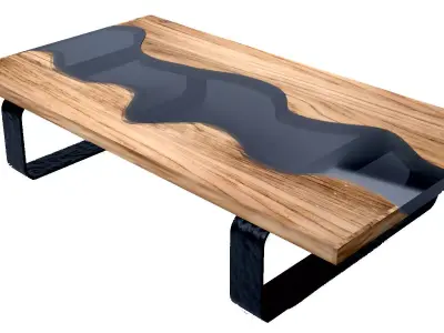 Wooden Table with Black Resin River Free 3D model