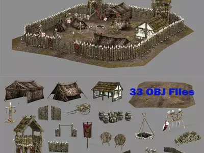 Medieval Top-Down Barbarian Camp Low Poly 3D Model Low-poly 3D model