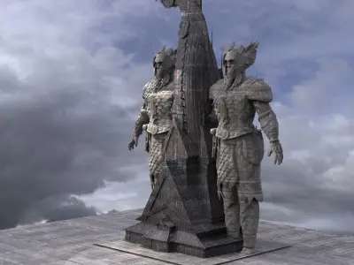 Viking Hall exterior ship design With Statue of warrior 3D model