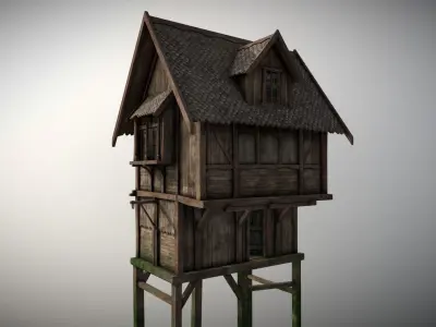 Medieval Lake Village - House 11 with interiors Low-poly 3D model